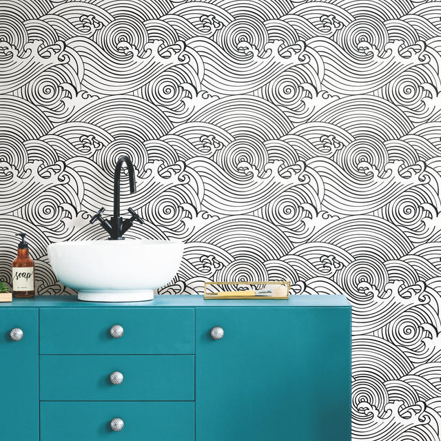 Asian Waves Black Peel & Stick Wallpaper with Coastal Novelty Pattern - York RMK11901RL