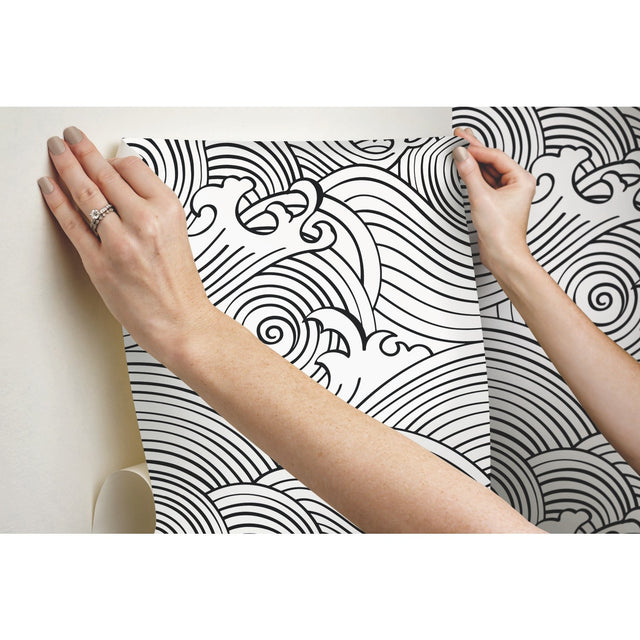 Asian Waves Black Peel & Stick Wallpaper with Coastal Novelty Pattern - York RMK11901RL