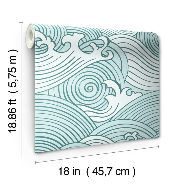 Asian Waves Teal Peel & Stick Wallpaper with Coastal Wave Line Art - York RMK11902RL