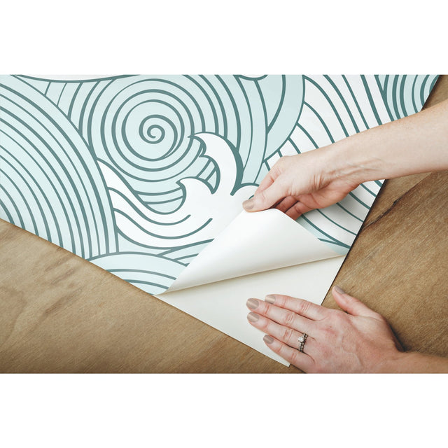 Asian Waves Teal Peel & Stick Wallpaper with Coastal Wave Line Art - York RMK11902RL