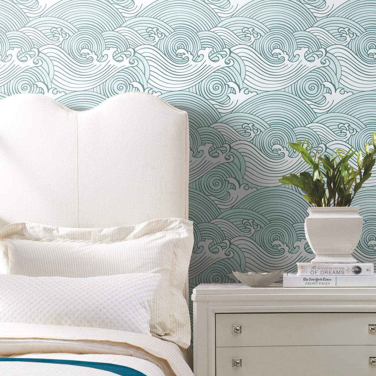 Asian Waves Teal Peel & Stick Wallpaper with Coastal Wave Line Art - York RMK11902RL