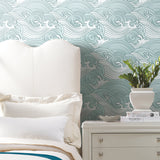 Asian Waves Teal Peel & Stick Wallpaper with Coastal Wave Line Art - York RMK11902RL