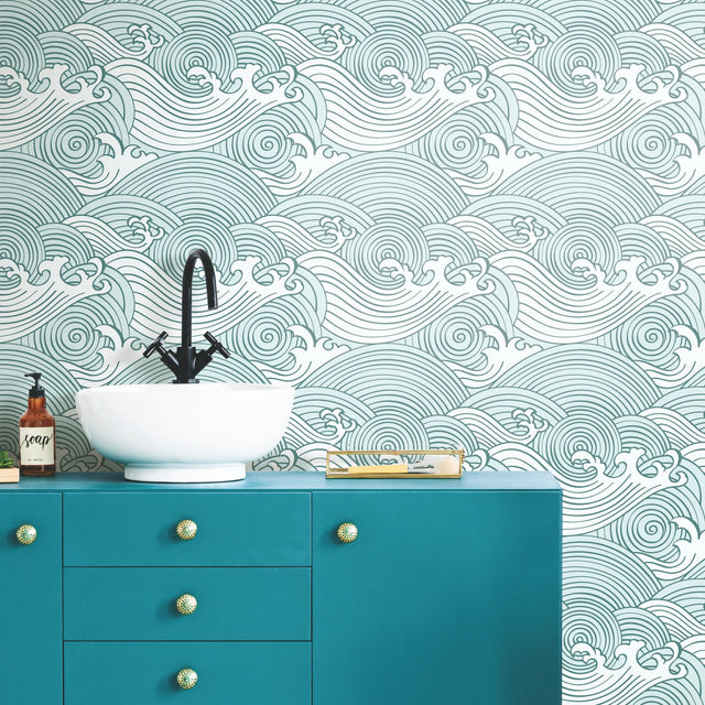 Asian Waves Teal Peel & Stick Wallpaper with Coastal Wave Line Art - York RMK11902RL