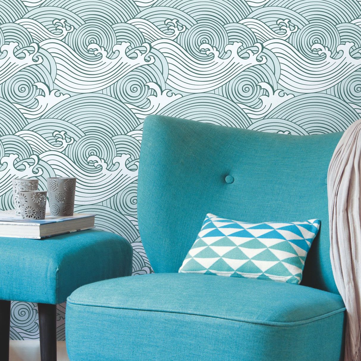 Asian Waves Teal Peel & Stick Wallpaper with Coastal Wave Line Art - York RMK11902RL