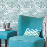 Asian Waves Teal Peel & Stick Wallpaper with Coastal Wave Line Art - York RMK11902RL