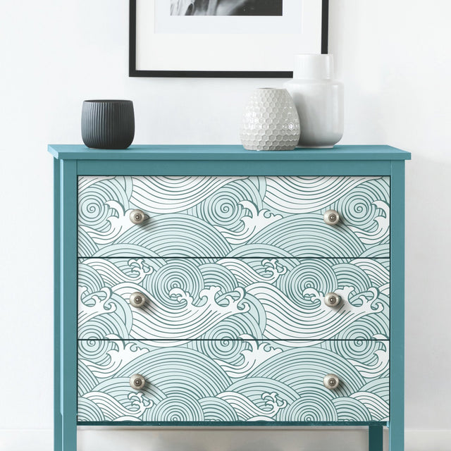 Asian Waves Teal Peel & Stick Wallpaper with Coastal Wave Line Art - York RMK11902RL