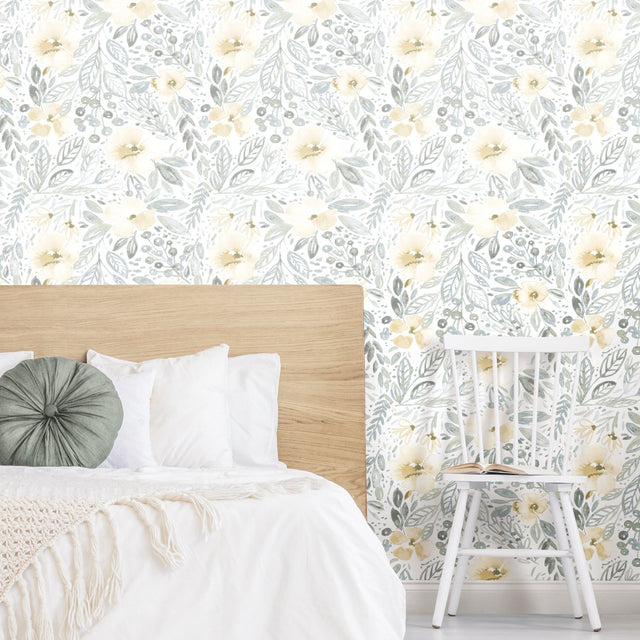 Clara Jean April Showers Green Peel & Stick Wallpaper with Whimsical Nature Floral Pattern - York RMK11905WP