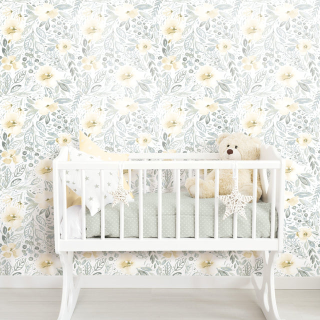 Clara Jean April Showers Green Peel & Stick Wallpaper with Whimsical Nature Floral Pattern - York RMK11905WP
