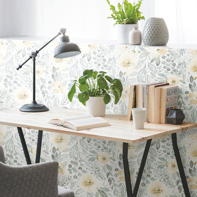 Clara Jean April Showers Green Peel & Stick Wallpaper with Whimsical Nature Floral Pattern - York RMK11905WP