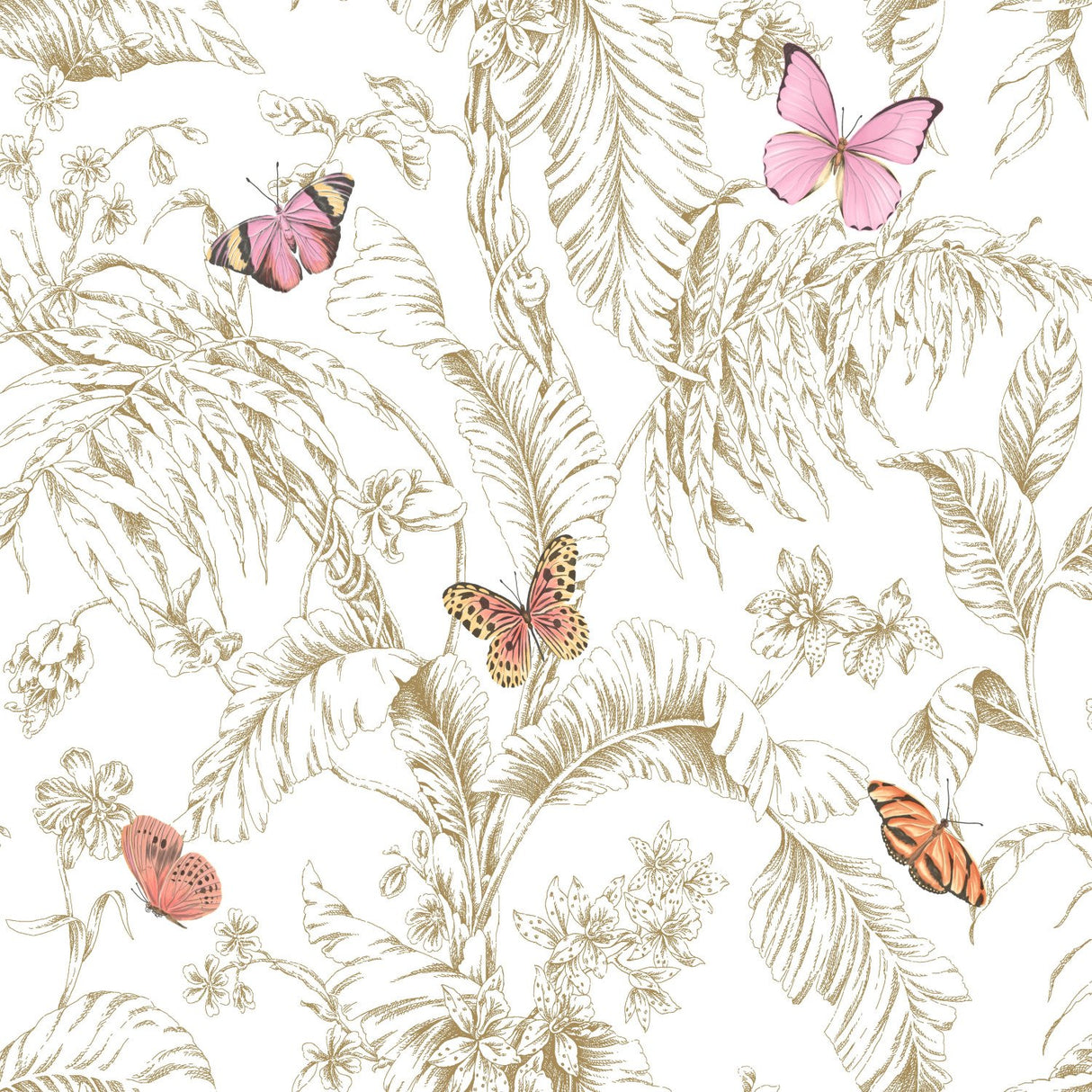 Butterfly Sketch Pink Peel & Stick Wallpaper with Metallic Botanical Butterfly Motif - York RMK11911WP