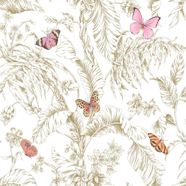 Butterfly Sketch Pink Peel & Stick Wallpaper with Metallic Botanical Butterfly Motif - York RMK11911WP