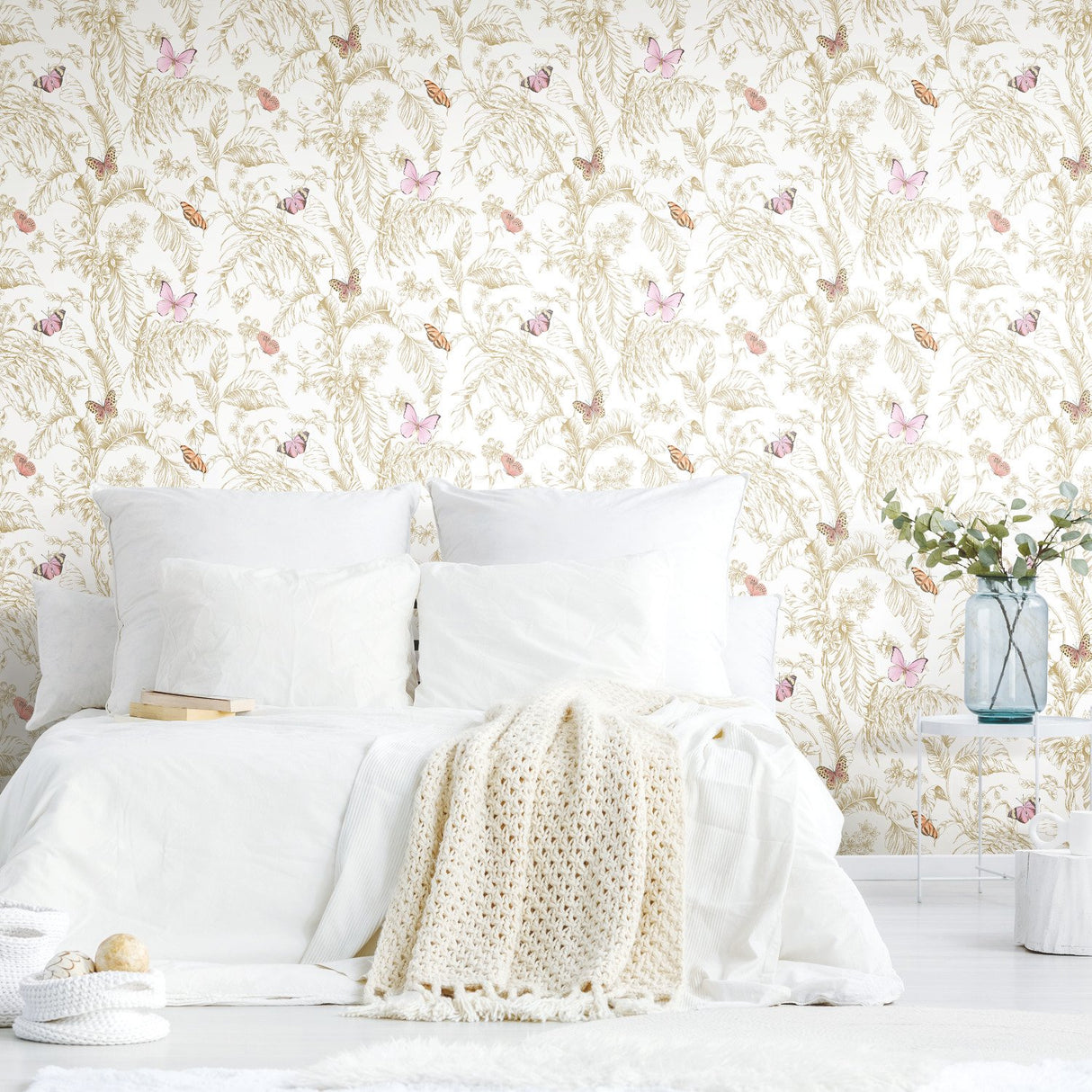 Butterfly Sketch Pink Peel & Stick Wallpaper with Metallic Botanical Butterfly Motif - York RMK11911WP