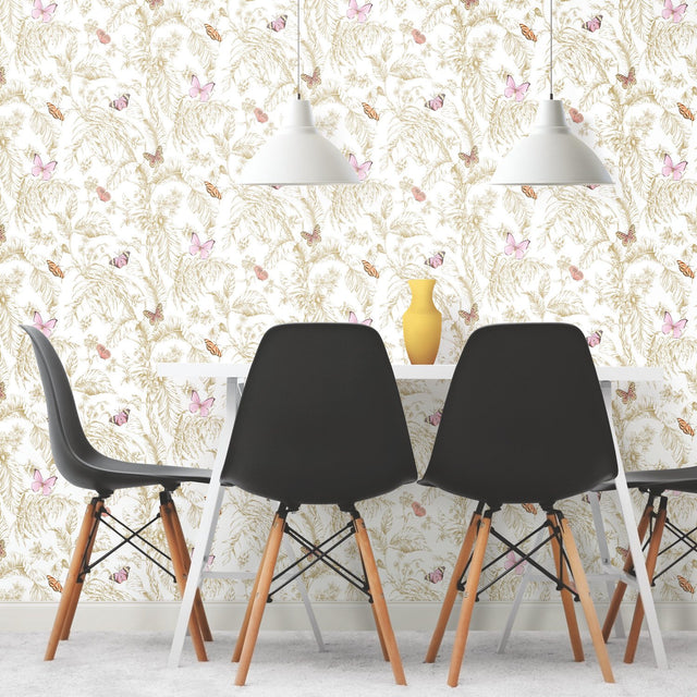 Butterfly Sketch Pink Peel & Stick Wallpaper with Metallic Botanical Butterfly Motif - York RMK11911WP