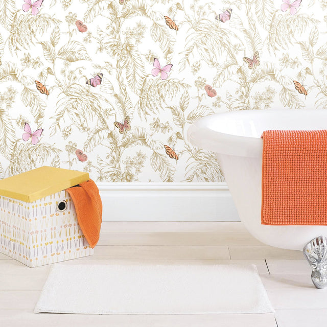 Butterfly Sketch Pink Peel & Stick Wallpaper with Metallic Botanical Butterfly Motif - York RMK11911WP