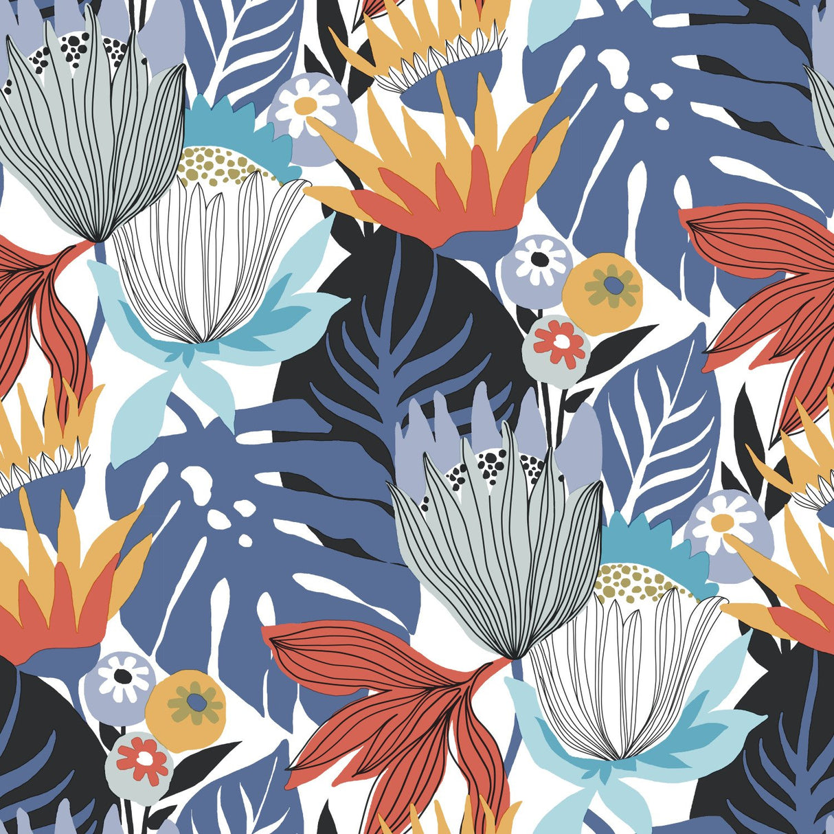 Retro Tropical Leaves Blue Peel & Stick Wallpaper with Retro Botanical Leaves Pattern - York RMK11912WP