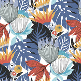 Retro Tropical Leaves Blue Peel & Stick Wallpaper with Retro Botanical Leaves Pattern - York RMK11912WP