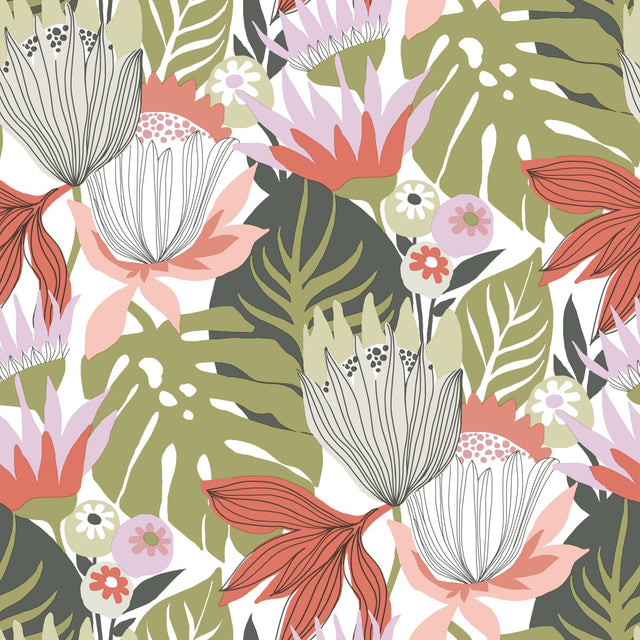 Retro Tropical Leaves Green Peel & Stick Wallpaper with Nature Leaves Retro Pattern - York RMK11913WP