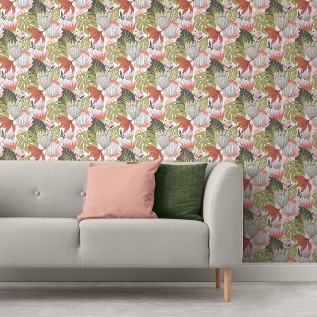 Retro Tropical Leaves Green Peel & Stick Wallpaper with Nature Leaves Retro Pattern - York RMK11913WP