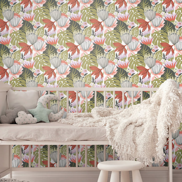 Retro Tropical Leaves Green Peel & Stick Wallpaper with Nature Leaves Retro Pattern - York RMK11913WP