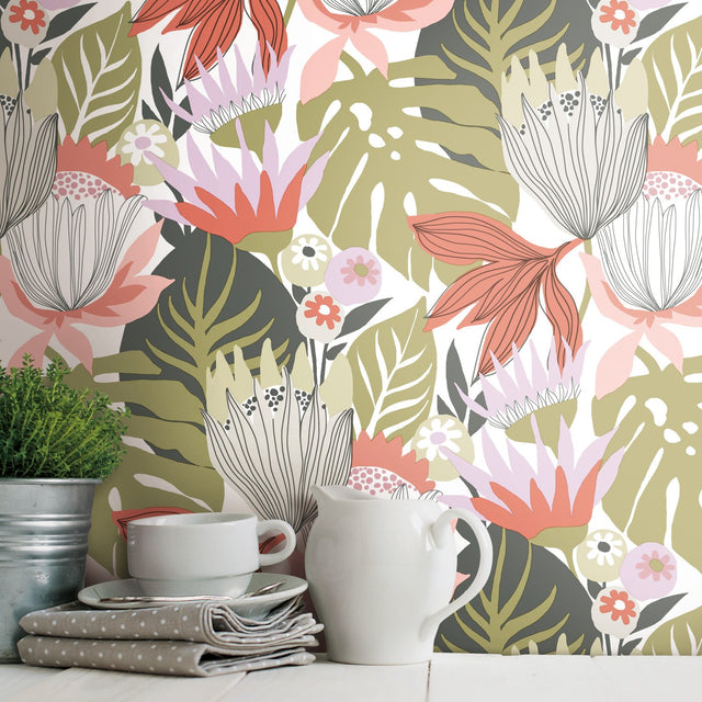 Retro Tropical Leaves Green Peel & Stick Wallpaper with Nature Leaves Retro Pattern - York RMK11913WP