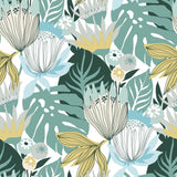 Retro Tropical Leaves Teal Peel & Stick Wallpaper with Botanical Retro Pattern - York RMK11914WP