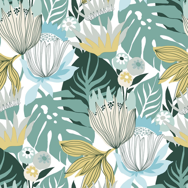 Retro Tropical Leaves Teal Peel & Stick Wallpaper with Botanical Retro Pattern - York RMK11914WP