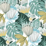 Retro Tropical Leaves Teal Peel and Stick Wallpaper by RoomMates - RMK11914WPZ