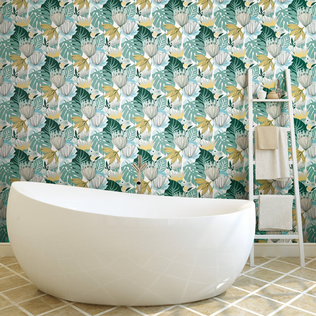 Retro Tropical Leaves Teal Peel & Stick Wallpaper with Botanical Retro Pattern - York RMK11914WP