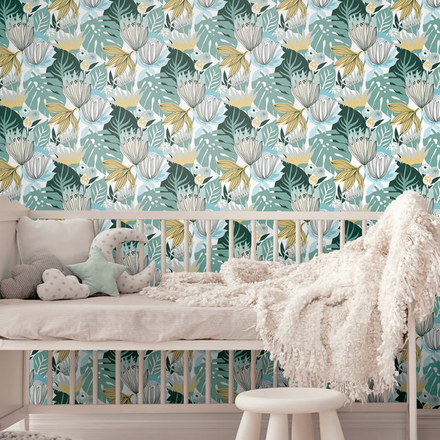 Retro Tropical Leaves Teal Peel & Stick Wallpaper with Botanical Retro Pattern - York RMK11914WP