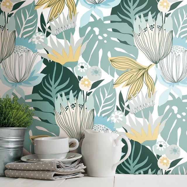 Retro Tropical Leaves Teal Peel & Stick Wallpaper with Botanical Retro Pattern - York RMK11914WP