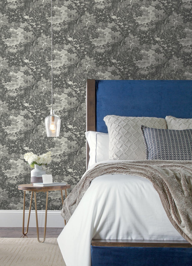 Jungle Toile Taupe Peel & Stick Wallpaper with Botanical Toile Pattern, Modern Style - York RMK11915WP