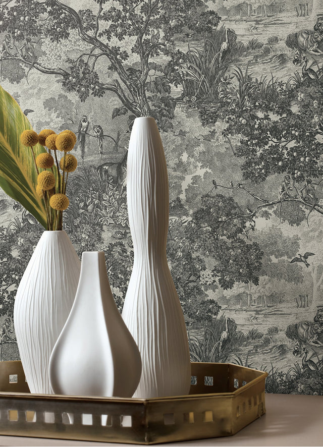 Jungle Toile Taupe Peel & Stick Wallpaper with Botanical Toile Pattern, Modern Style - York RMK11915WP