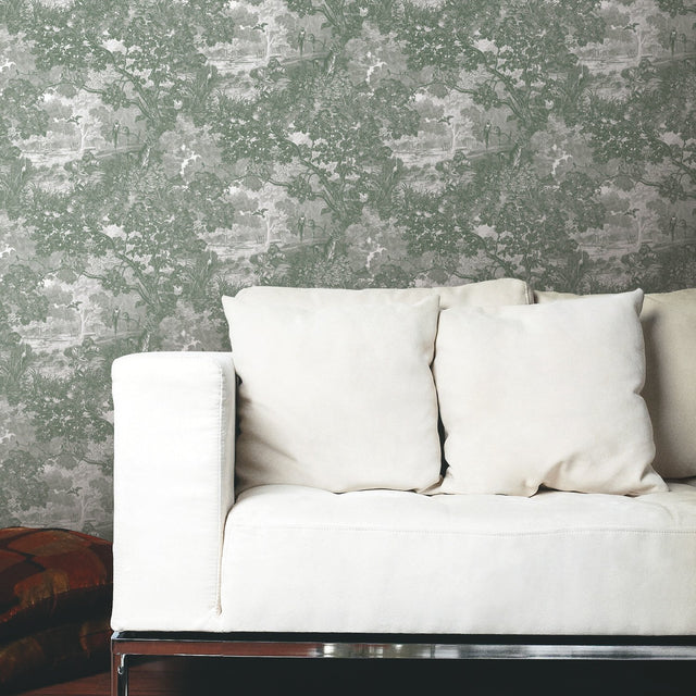 Jungle Toile Green Peel & Stick Wallpaper with Botanical Toile Motif - York RMK11916WP