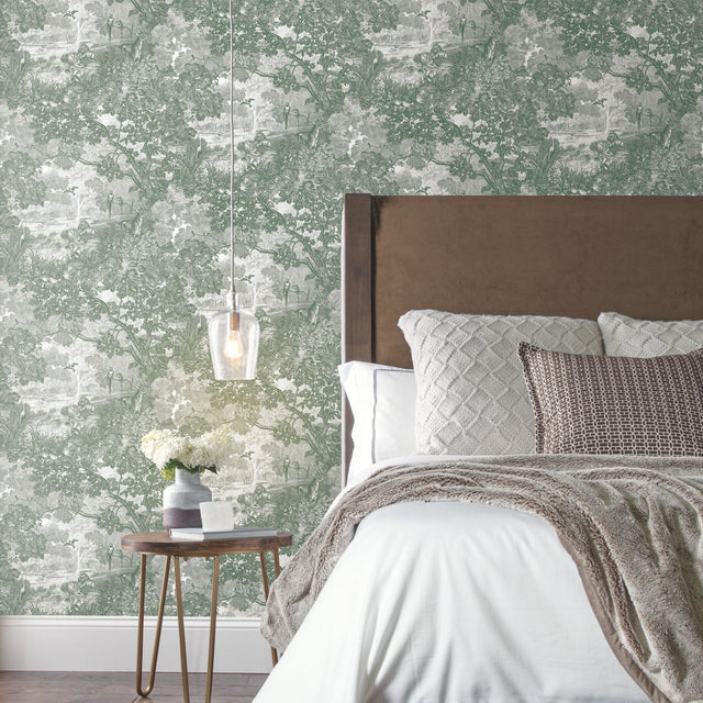 Jungle Toile Green Peel & Stick Wallpaper with Botanical Toile Motif - York RMK11916WP