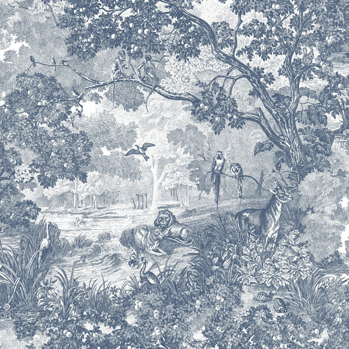 Jungle Toile Blue Peel & Stick Wallpaper with Modern Botanical Toile Pattern - York RMK11917WP