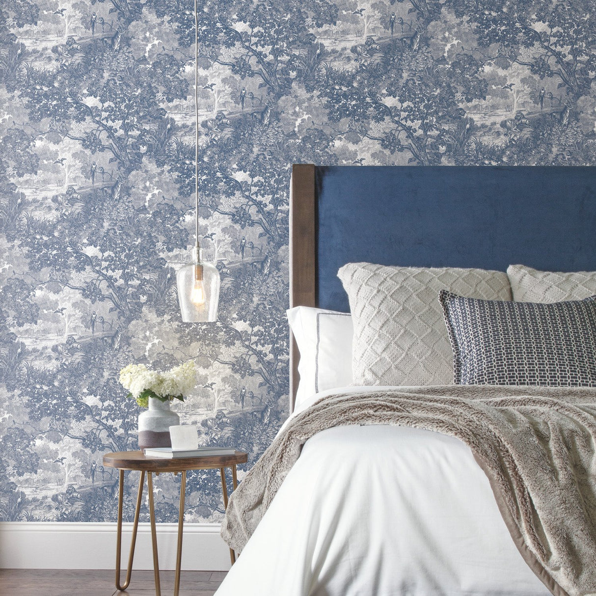 Jungle Toile Blue Peel & Stick Wallpaper with Modern Botanical Toile Pattern - York RMK11917WP