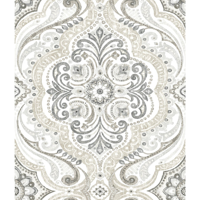 Bohemian Damask Taupe Peel & Stick Wallpaper with Global Bohemian Damask Pattern - York RMK11937WP