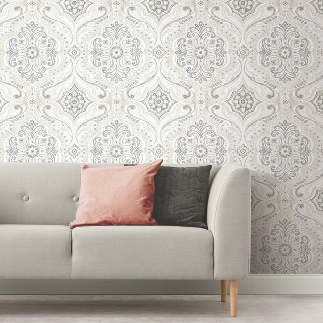 Bohemian Damask Taupe Peel & Stick Wallpaper with Global Bohemian Damask Pattern - York RMK11937WP