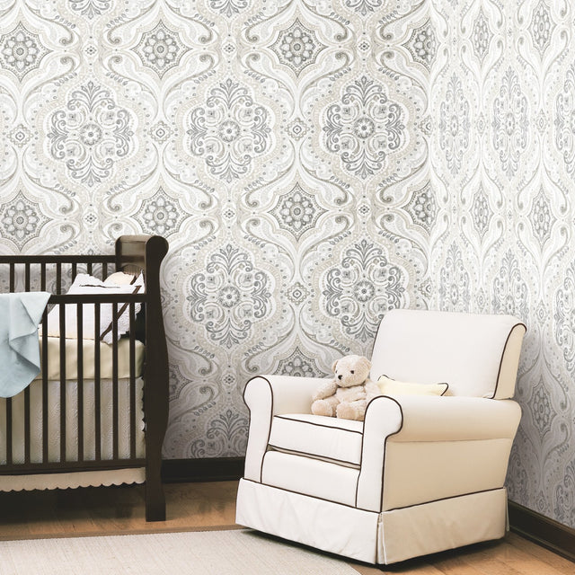 Bohemian Damask Taupe Peel & Stick Wallpaper with Global Bohemian Damask Pattern - York RMK11937WP