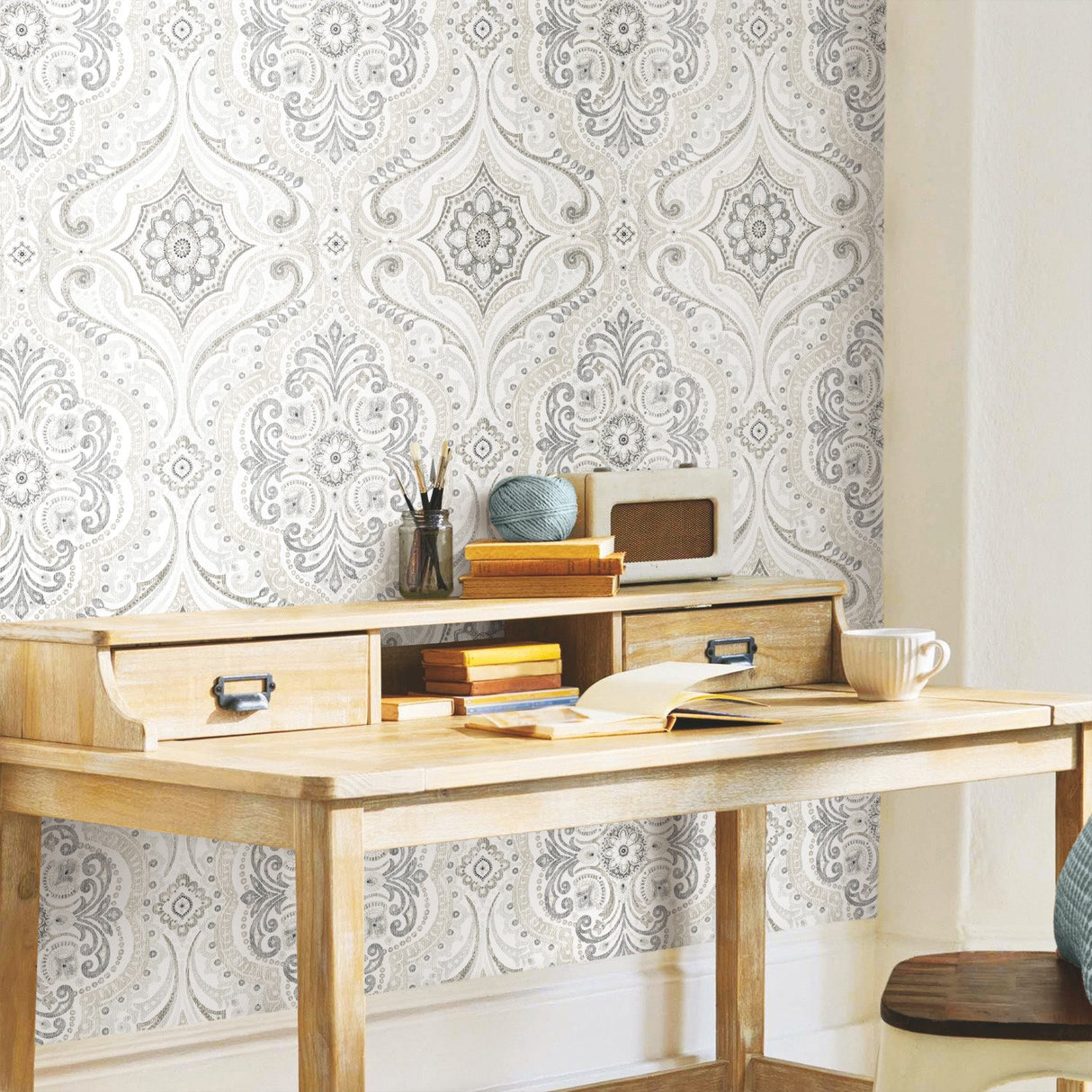 Bohemian Damask Taupe Peel & Stick Wallpaper with Global Bohemian Damask Pattern - York RMK11937WP