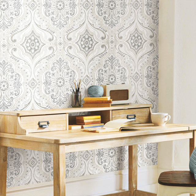 Bohemian Damask Taupe Peel & Stick Wallpaper with Global Bohemian Damask Pattern - York RMK11937WP