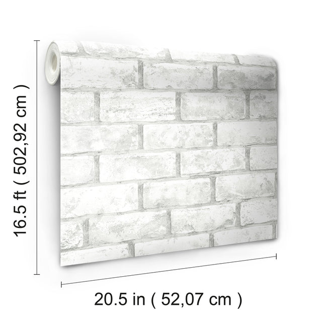 Brick Taupe Peel & Stick Wallpaper in White/Taupe with Industrial Rustic Brick Pattern - York RMK11939WP