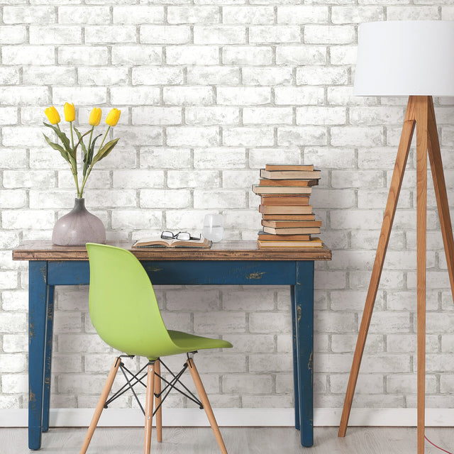 Brick Taupe Peel & Stick Wallpaper in White/Taupe with Industrial Rustic Brick Pattern - York RMK11939WP