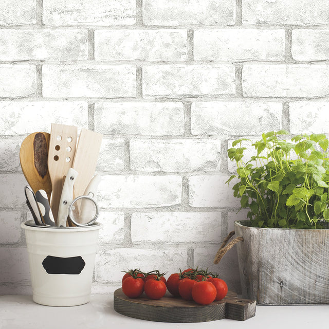 Brick Taupe Peel & Stick Wallpaper in White/Taupe with Industrial Rustic Brick Pattern - York RMK11939WP