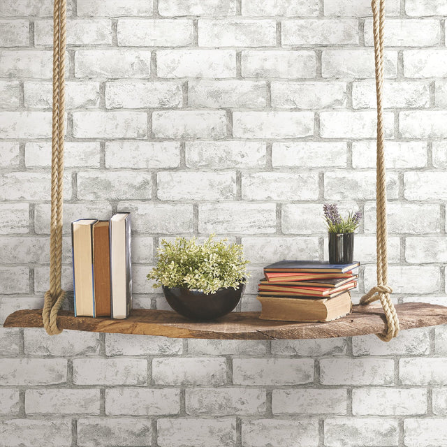 Brick Taupe Peel & Stick Wallpaper in White/Taupe with Industrial Rustic Brick Pattern - York RMK11939WP
