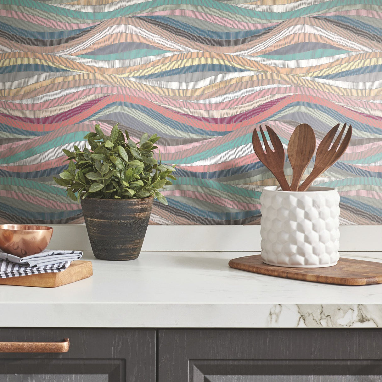 Mosaic Waves Pink Peel & Stick Wallpaper with Modern Novelty Pattern - York RMK11941RL