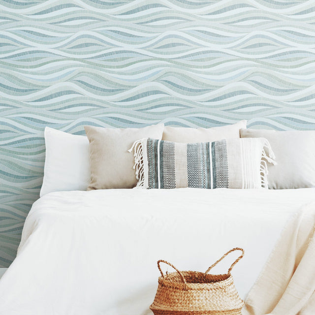 Mosaic Waves Blue Peel & Stick Wallpaper with Modern Ocean Novelty Pattern - York RMK11943RL