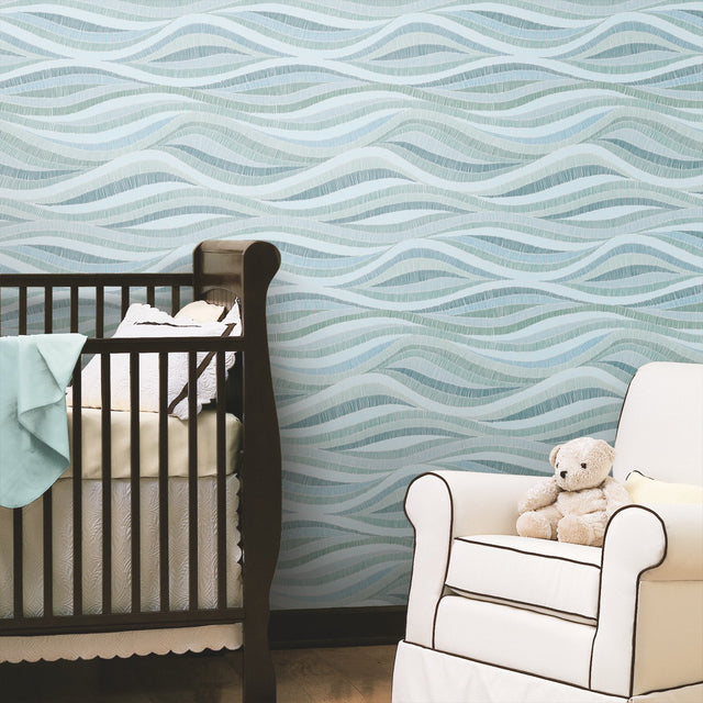 Mosaic Waves Blue Peel & Stick Wallpaper with Modern Ocean Novelty Pattern - York RMK11943RL