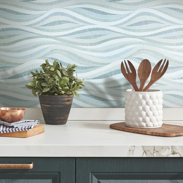 Mosaic Waves Blue Peel & Stick Wallpaper with Modern Ocean Novelty Pattern - York RMK11943RL