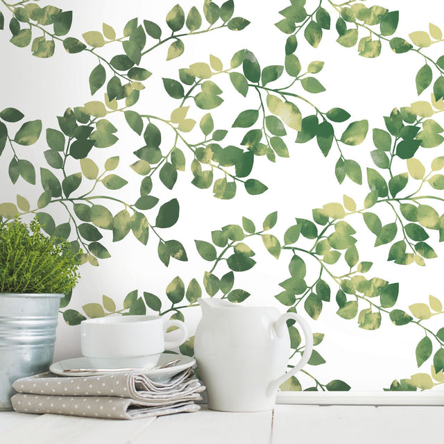 Latvus Green Peel & Stick Wallpaper with Botanical Leaves Pattern - York RMK11946WP